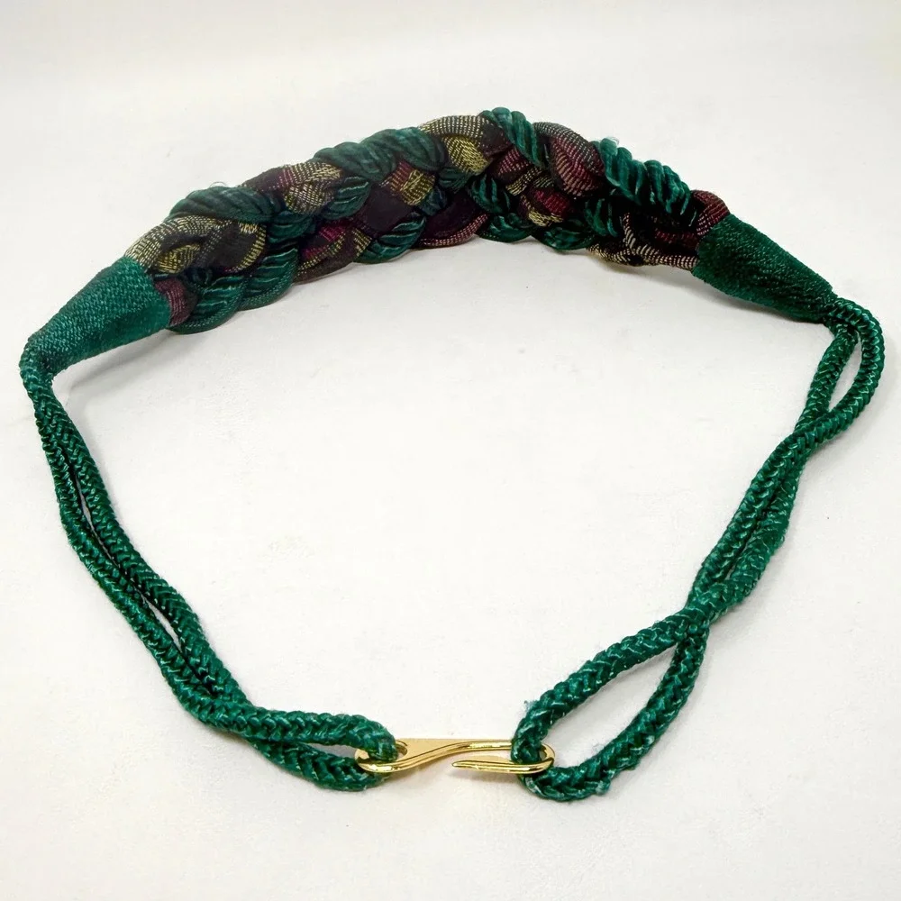 Womens Vintage Woven Belt Set 2 Navy‎ Blue Crochet & Green Braided Tapestry M/L